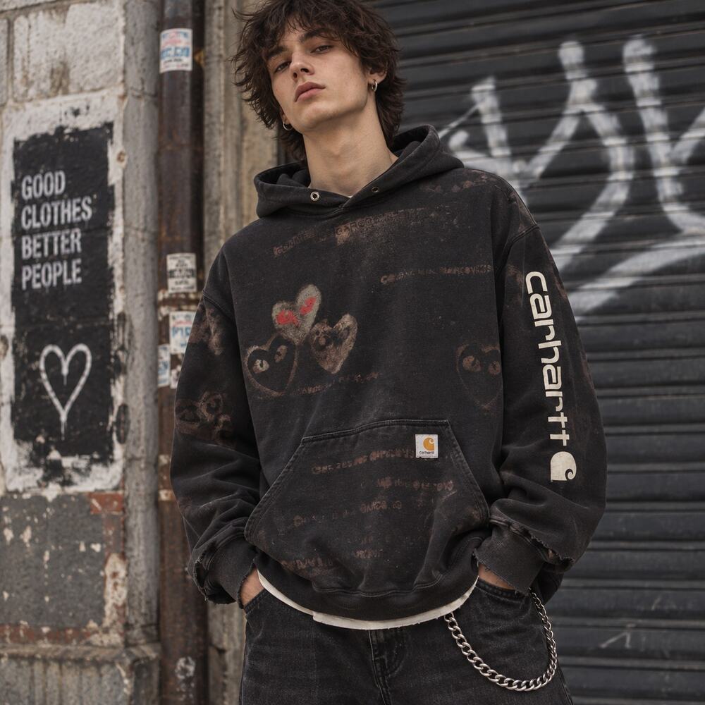 Carhartt Sz LT Distressed Customized Heart Print Hoodie Dark Brown Grunge Skater
